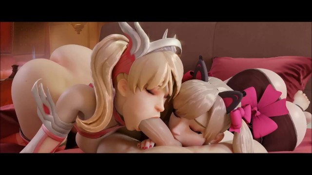 Pink Mercy and Black Cat D.va Blowjob POV