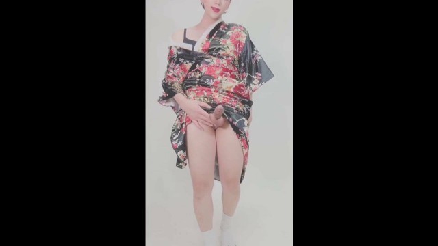 sexy femboy is a geisha masturbating her cock no hands cum