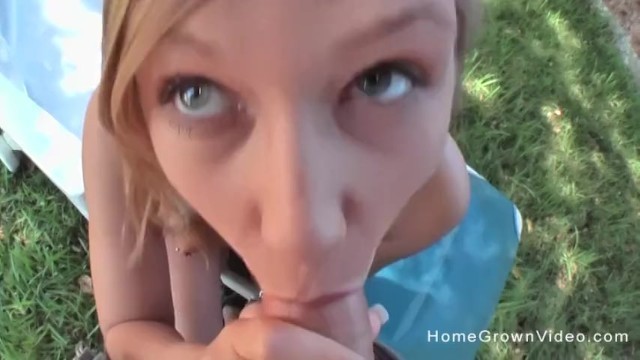 Amateur blonde masturbates then fucked outside by a big cock